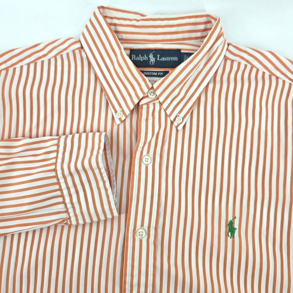 Ralph Lauren Custom Fit Shirt Mens Large Orange Striped Button Down Long Sleeve